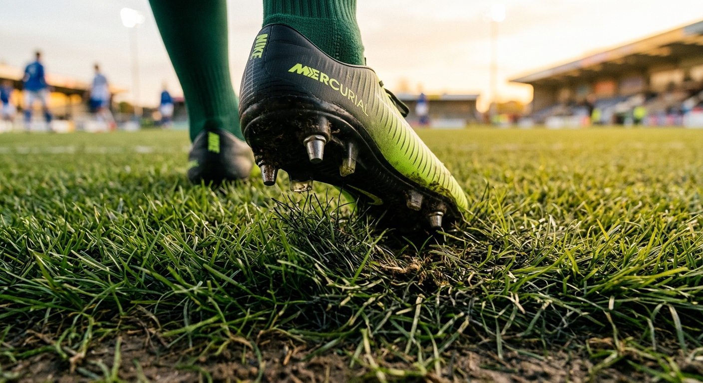 Nahaufnahme eines Hybridrasens auf einem Fußballplatz mit sichtbaren Kunstfasern zwischen den Grashalmen